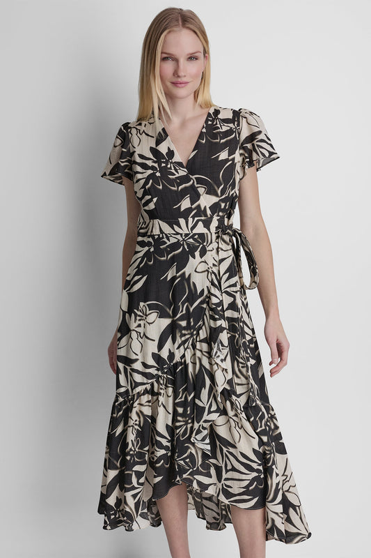 SHORT SLEEVE WRAP-EFFECT MIDI DRESS