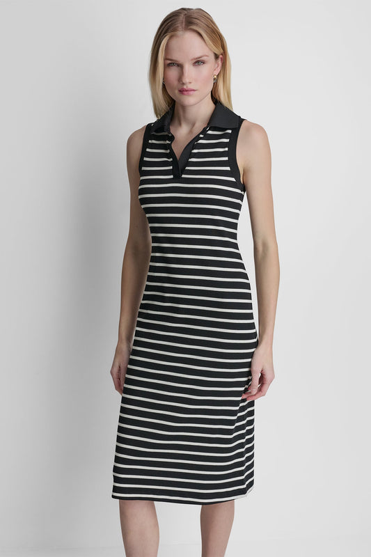 COTTON-BLEND SLEEVELESS MIDI SHIFT DRESS