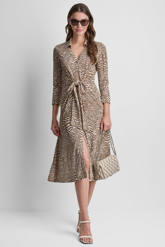 3/4 SLEEVE ZEBRA PRINT TIE-FRONT MIDI SHIRT DRESS