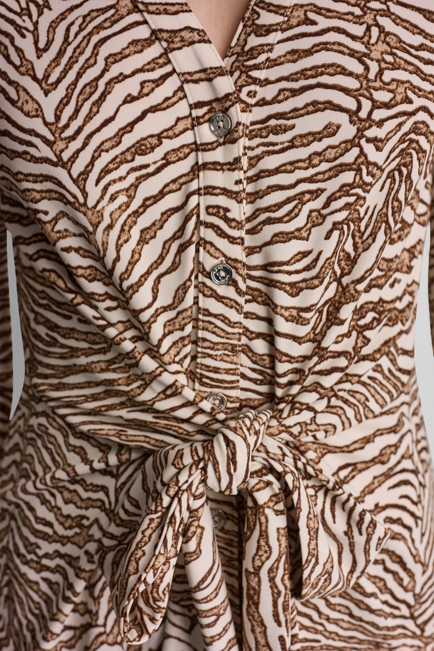 3/4 SLEEVE ZEBRA PRINT TIE-FRONT MIDI SHIRT DRESS