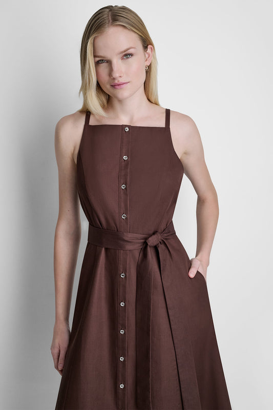COTTON-BLEND SLEEVELESS MIDI FIT & FLARE DRESS