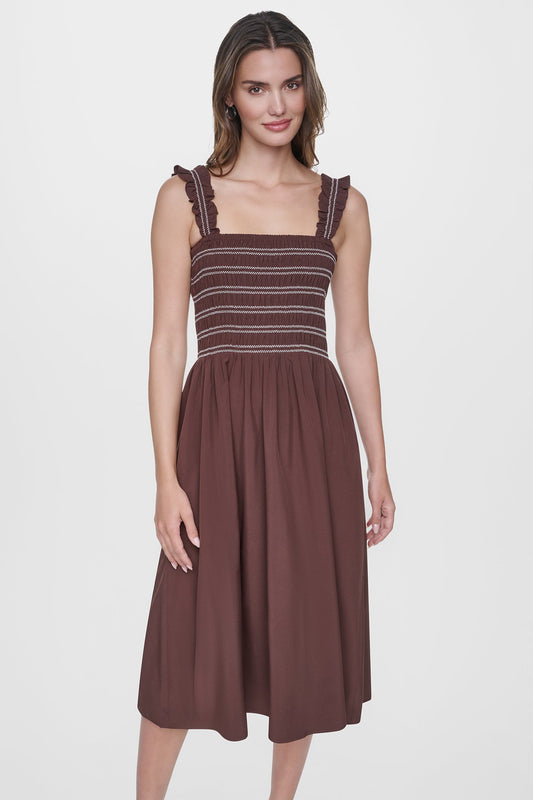 SLEEVELESS SMOCKED MIDI A-LINE DRESS