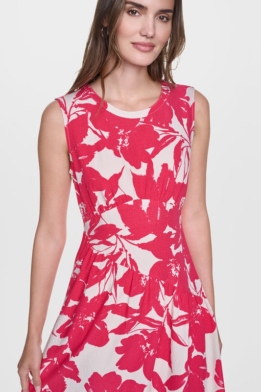 JEWEL NECK PRINTED MIDI DRESS