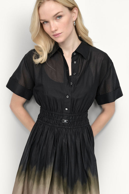 COTTON SHORT SLEEVE OMBRÉ MIDI SHIRT DRESS