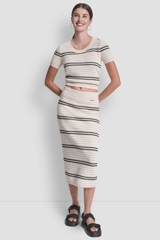 STRIPED POINTELLE STITCH MIDI SKIRT
