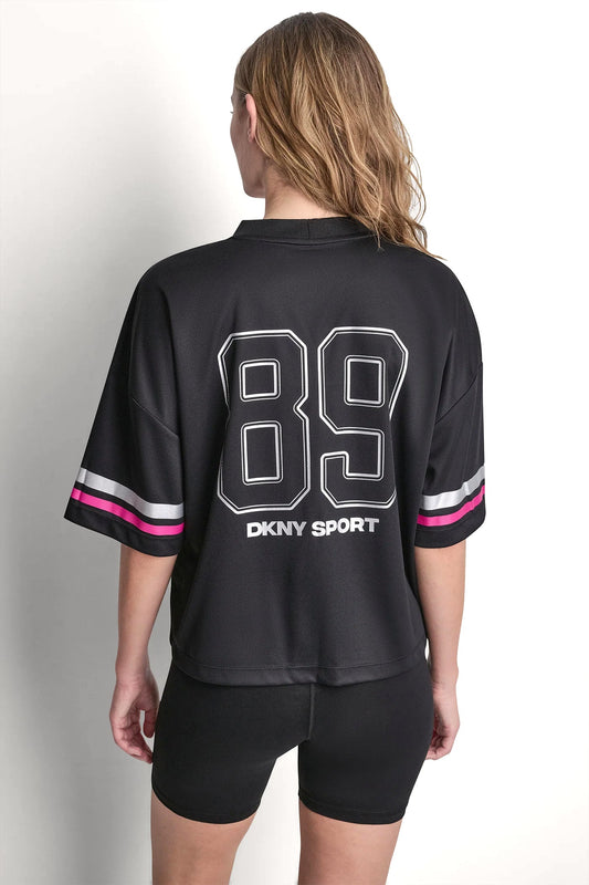RHINESTONE VARSITY LOGO V-NECK JERSEY