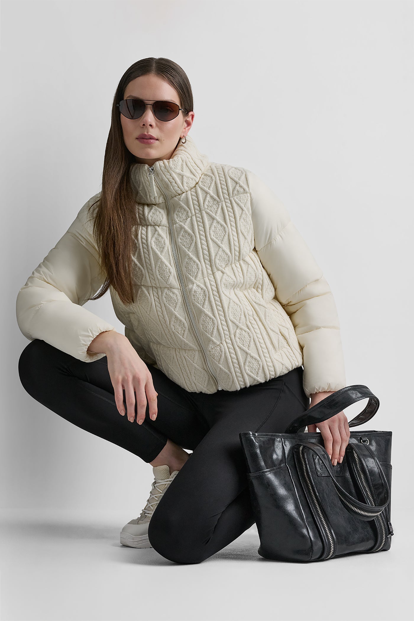 CABLE KNIT MOCK NECK PUFFER JACKET