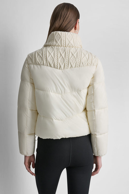 CABLE KNIT MOCK NECK PUFFER JACKET