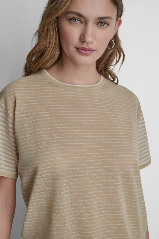 COTTON-BLEND SHORT SLEEVE MIXED STRIPE SWEATER