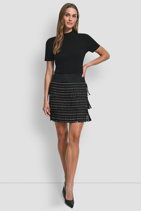 FAUX SUEDE STUDDED FRINGE MINI SKIRT