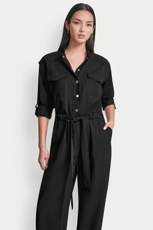 LONG SLEEVE COLLARLESS UTILITY JUMPSUIT