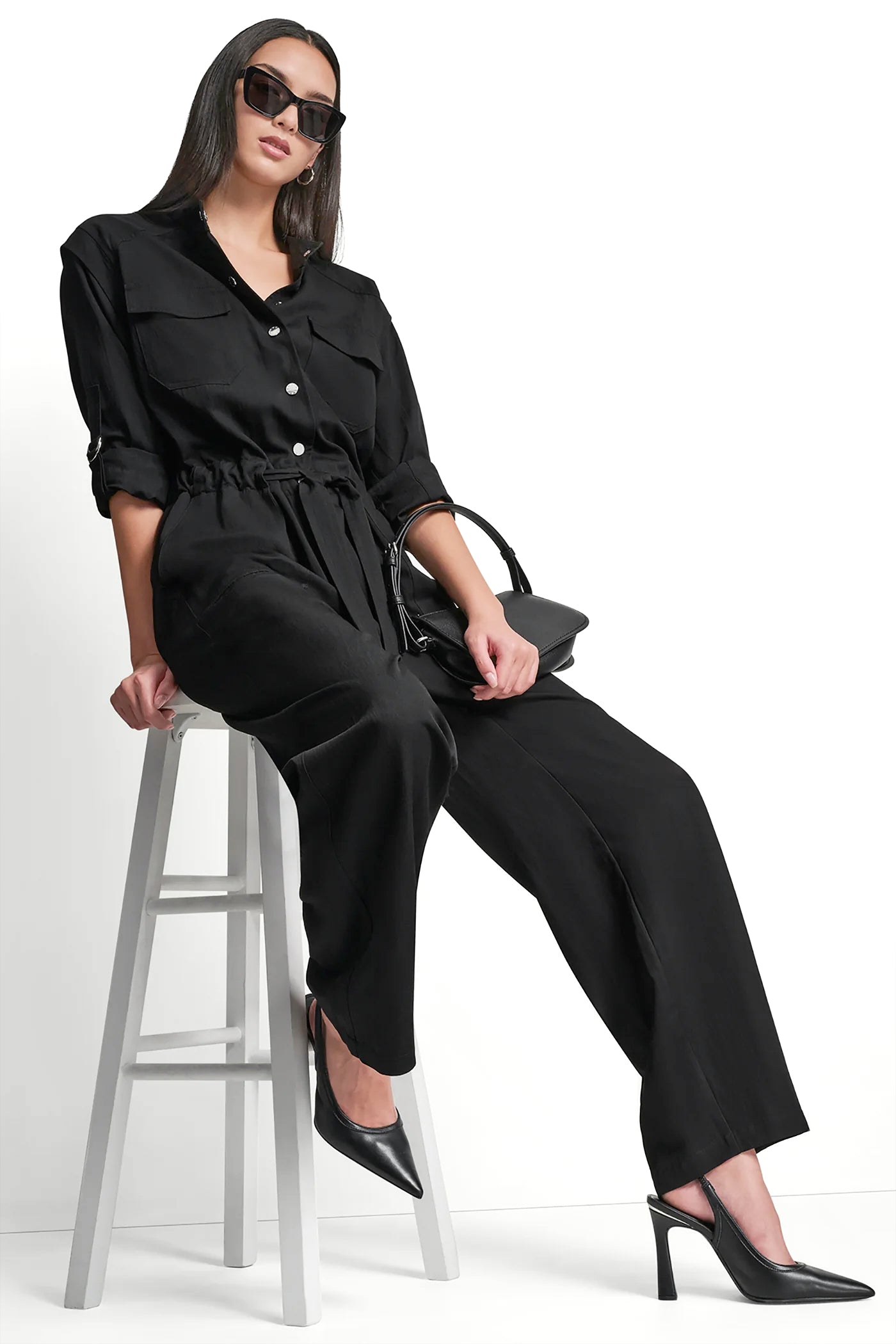 LONG SLEEVE COLLARLESS UTILITY JUMPSUIT