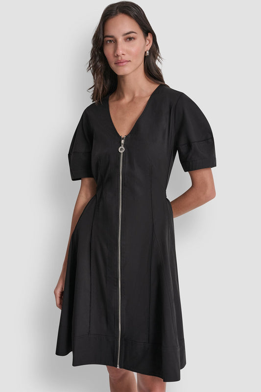 COTTON-BLEND SHORT-SLEEVE PLEATED FIT & FLARE DRESS
