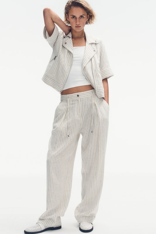 MID-RISE LINEN-BLEND PINSTRIPED PLEATED WIDE-LEG PANT