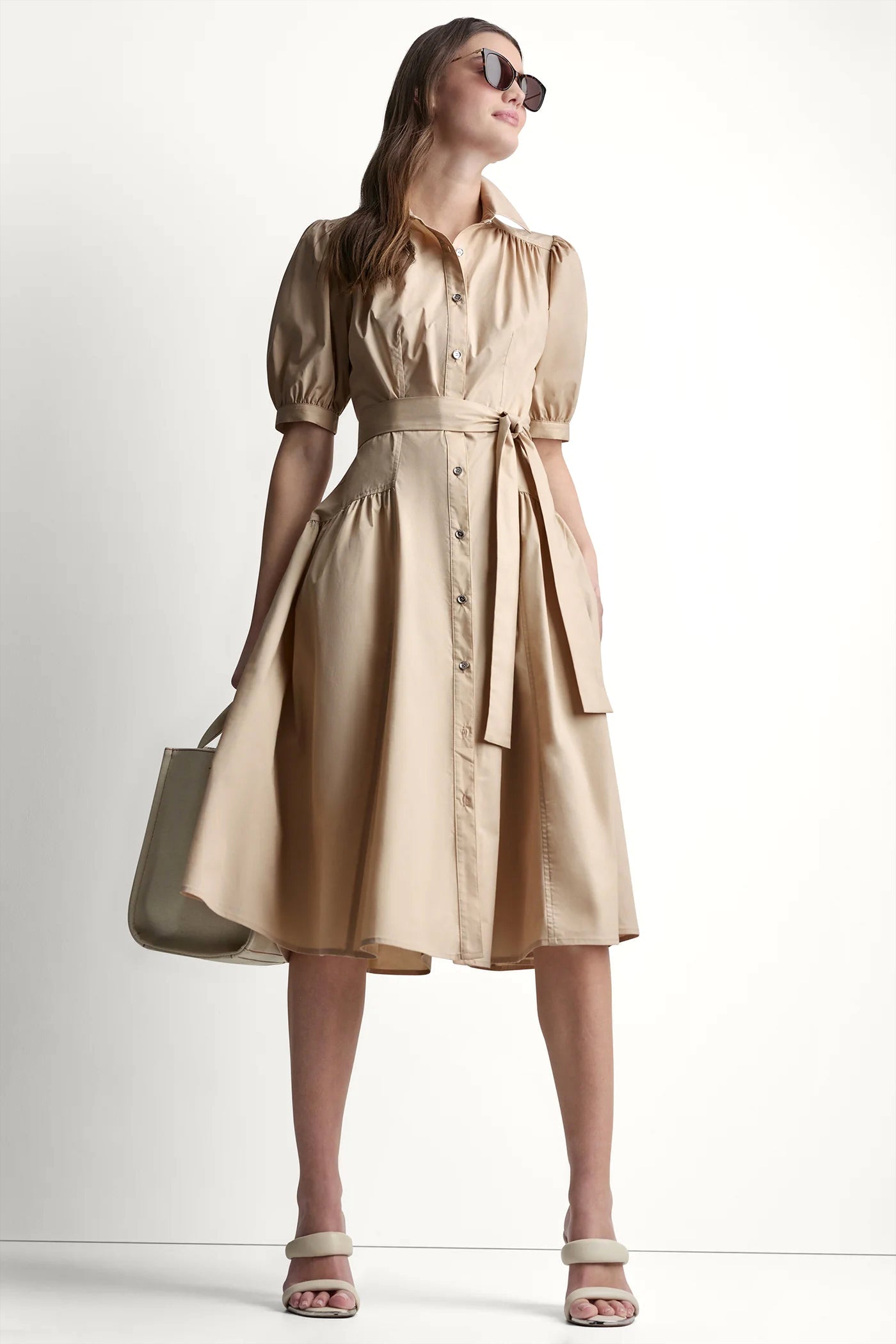 COTTON-BLEND DROP-WAIST MIDI SHIRT DRESS