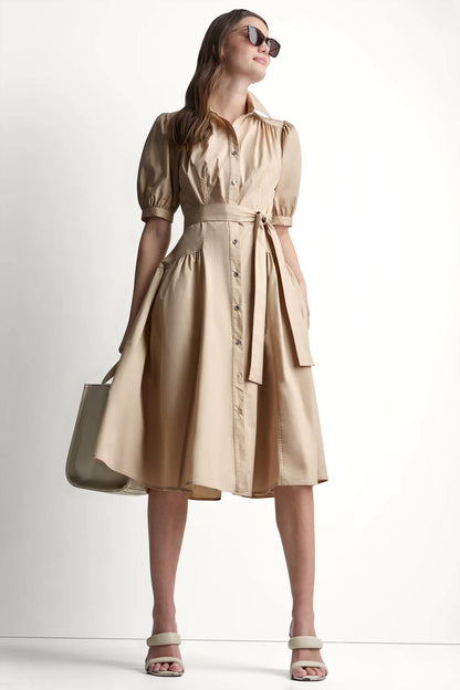 COTTON-BLEND DROP-WAIST MIDI SHIRT DRESS