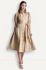 COTTON-BLEND DROP-WAIST MIDI SHIRT DRESS