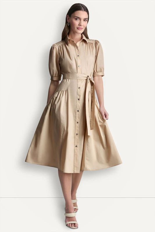 COTTON-BLEND DROP-WAIST MIDI SHIRT DRESS
