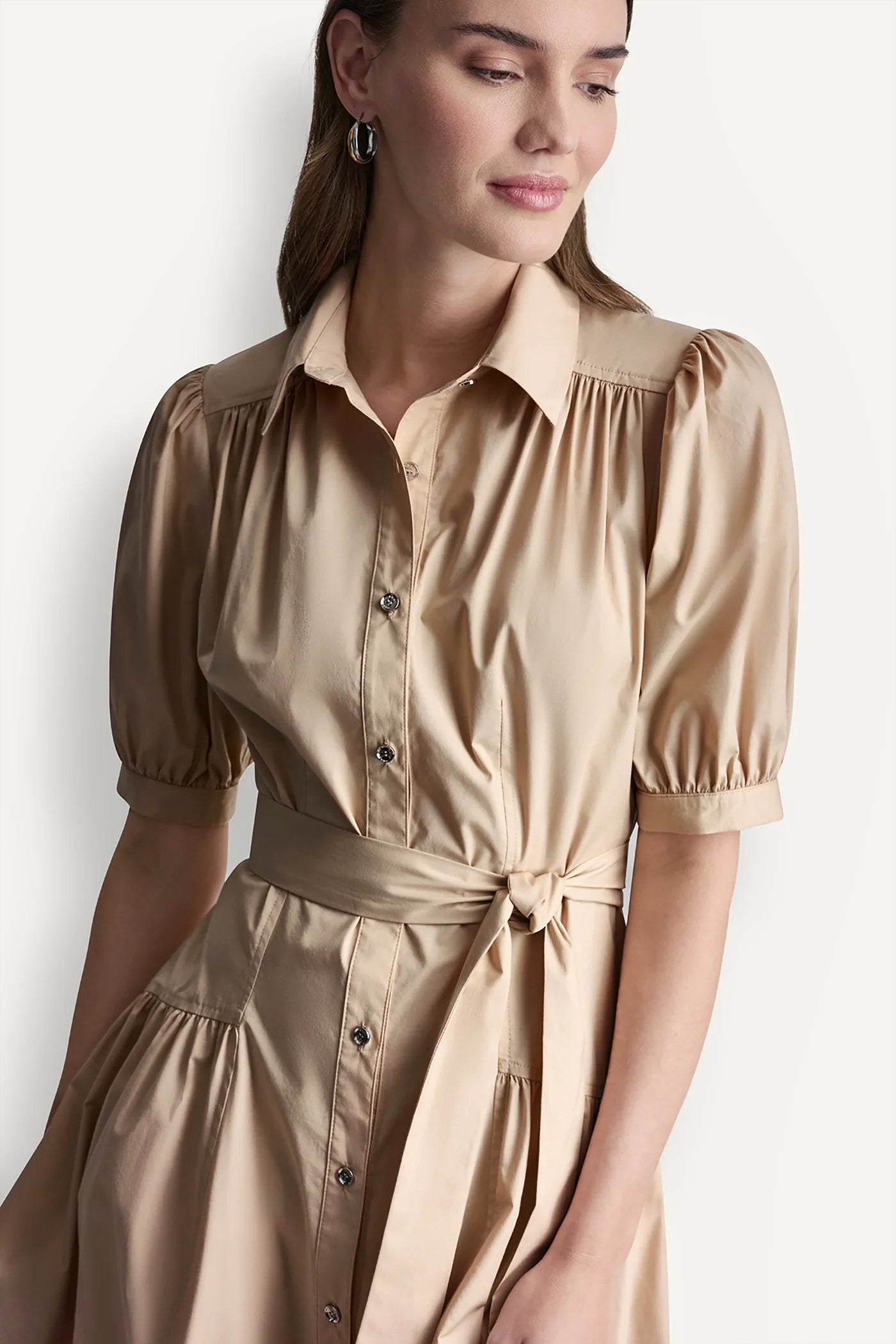 COTTON-BLEND DROP-WAIST MIDI SHIRT DRESS