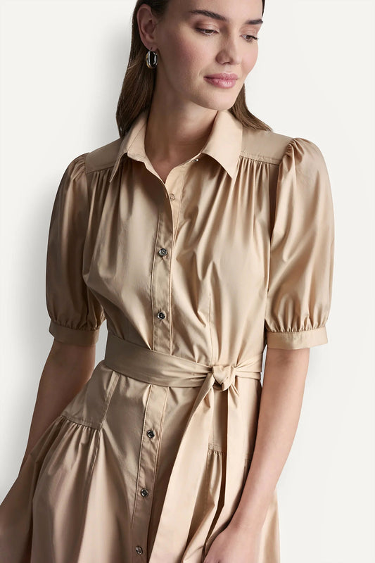 COTTON-BLEND DROP-WAIST MIDI SHIRT DRESS