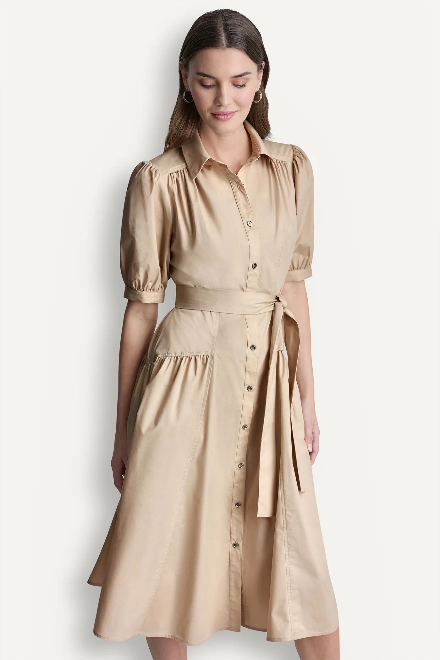 COTTON-BLEND DROP-WAIST MIDI SHIRT DRESS