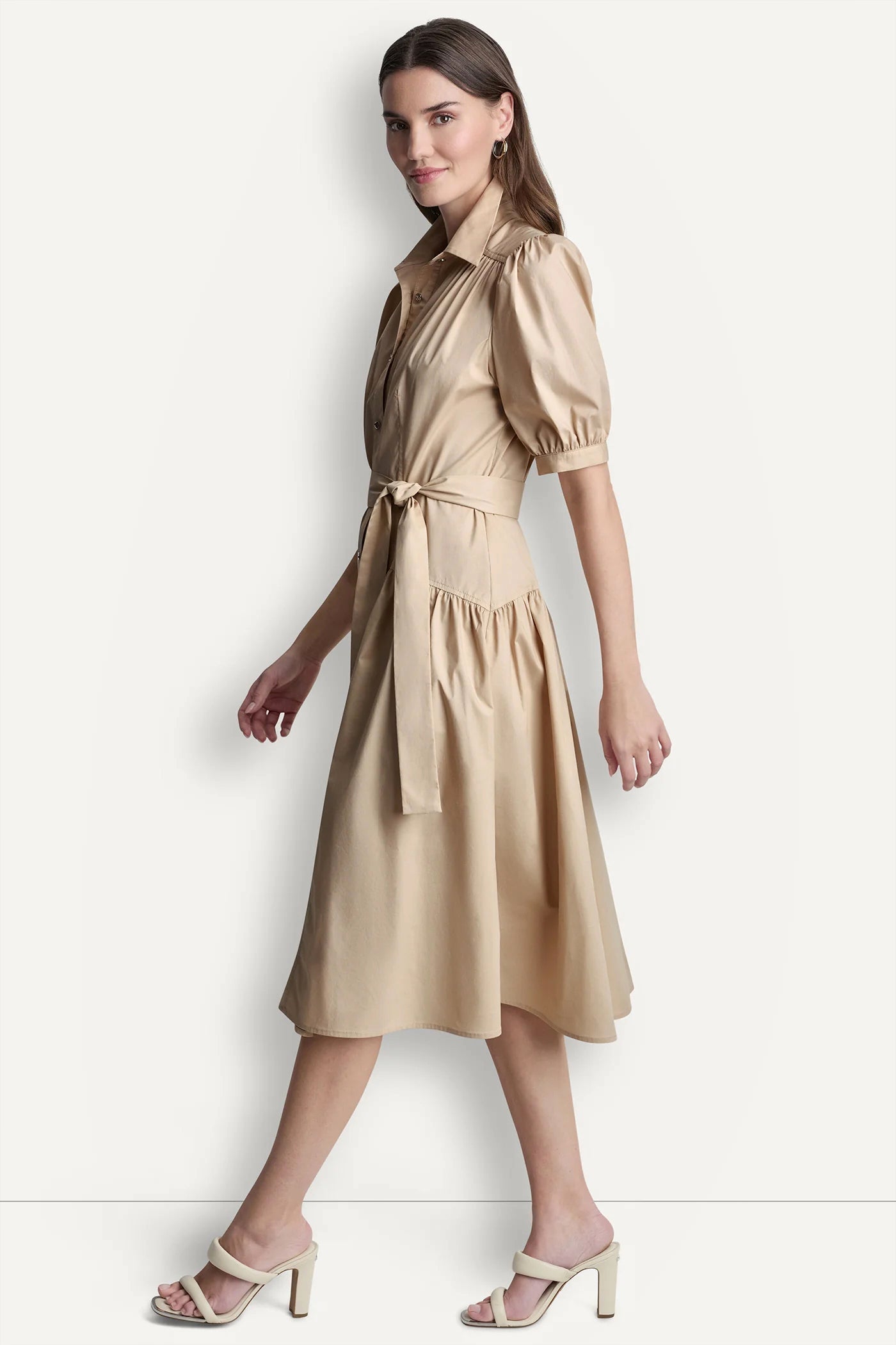 COTTON-BLEND DROP-WAIST MIDI SHIRT DRESS