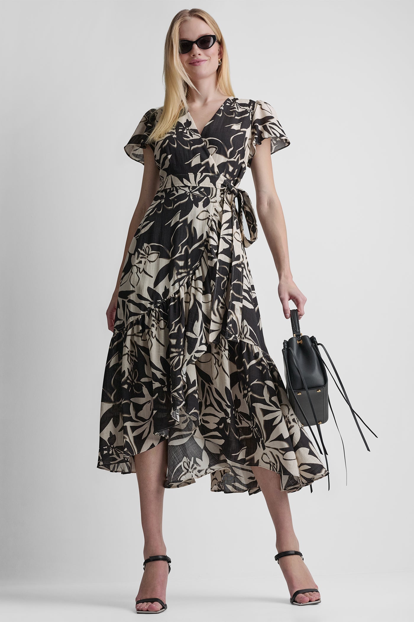 SHORT SLEEVE WRAP-EFFECT MIDI DRESS