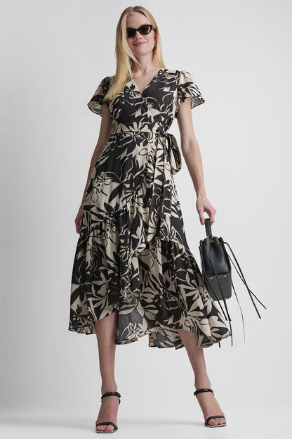 SHORT SLEEVE WRAP-EFFECT MIDI DRESS