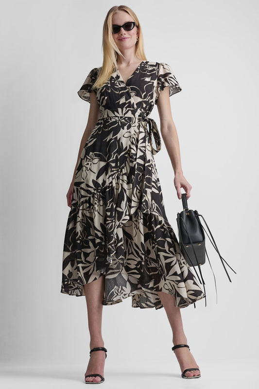 SHORT SLEEVE WRAP-EFFECT MIDI DRESS