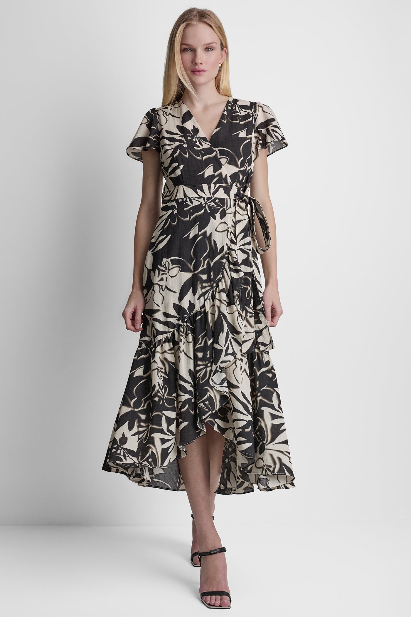 SHORT SLEEVE WRAP-EFFECT MIDI DRESS
