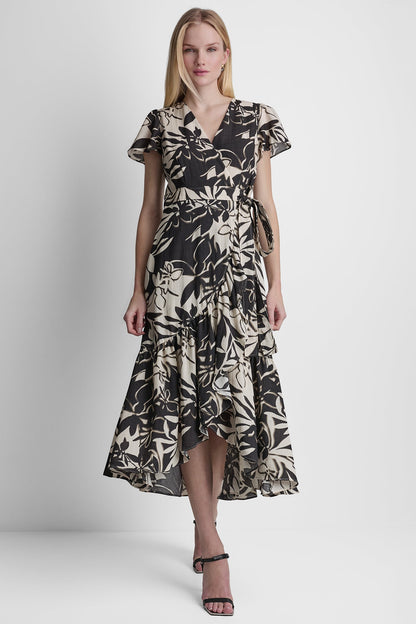 SHORT SLEEVE WRAP-EFFECT MIDI DRESS