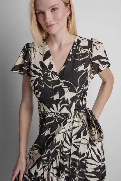 SHORT SLEEVE WRAP-EFFECT MIDI DRESS