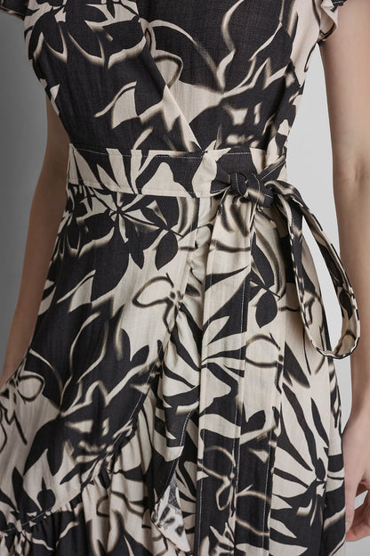 SHORT SLEEVE WRAP-EFFECT MIDI DRESS