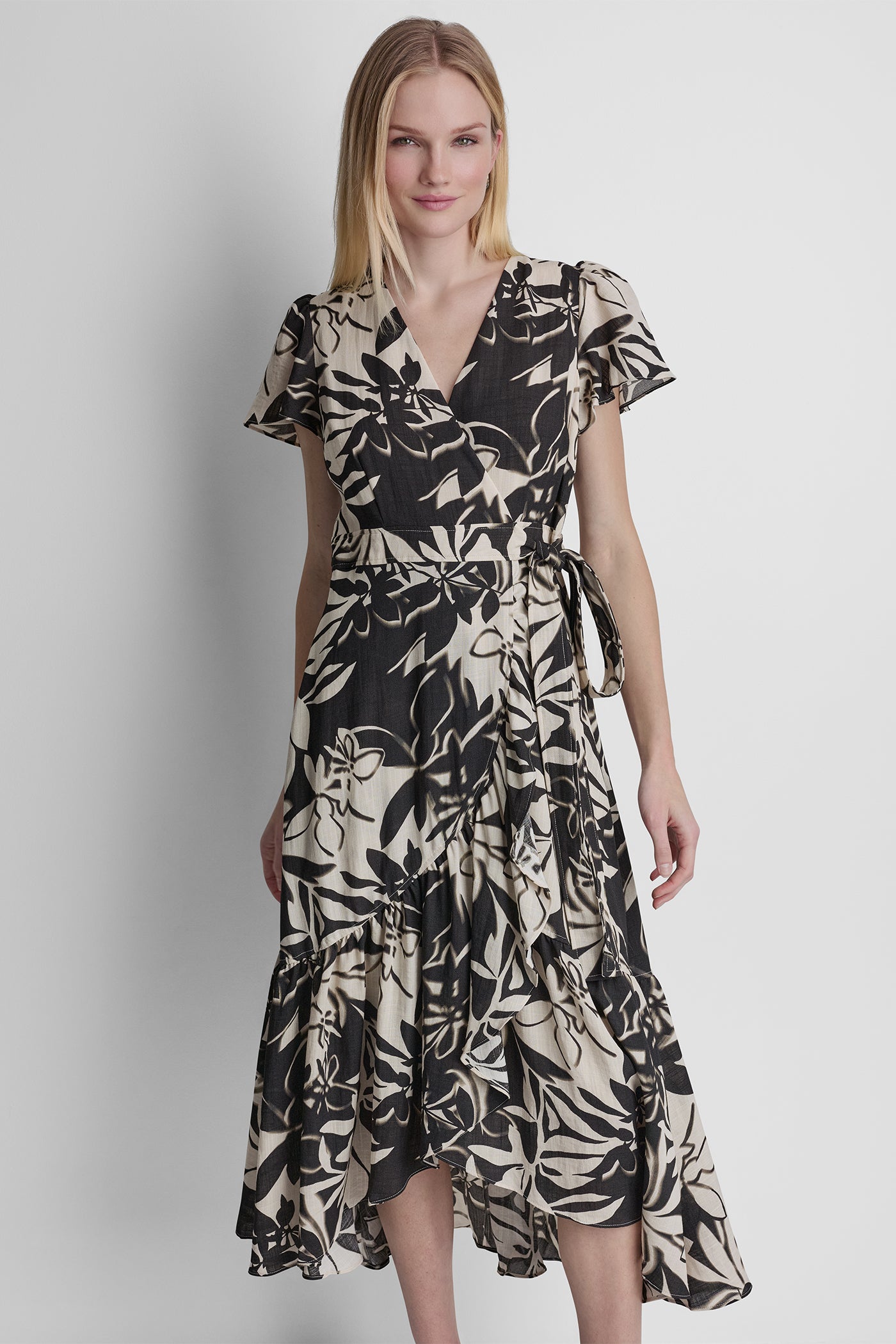 SHORT SLEEVE WRAP-EFFECT MIDI DRESS