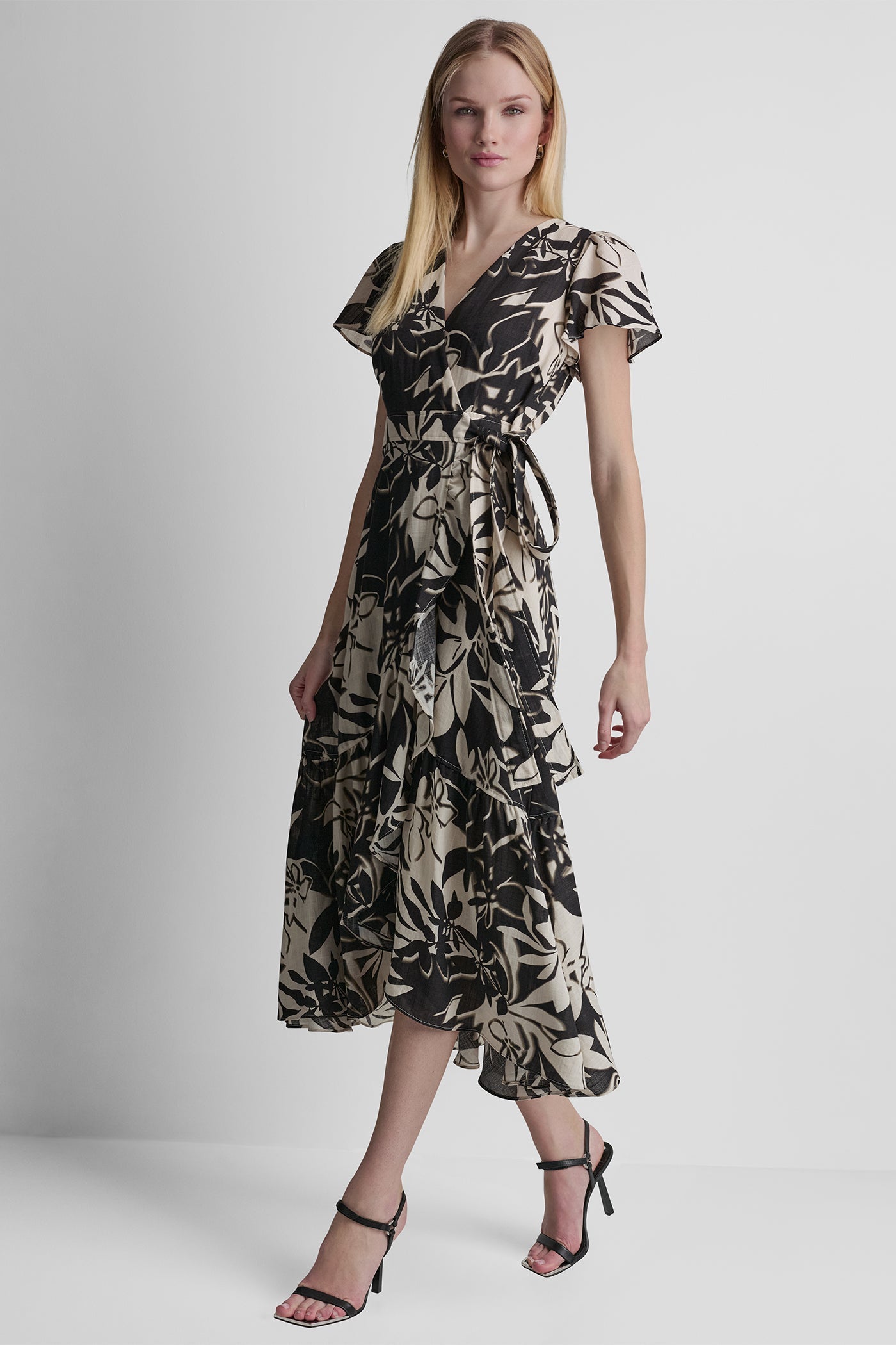 SHORT SLEEVE WRAP-EFFECT MIDI DRESS