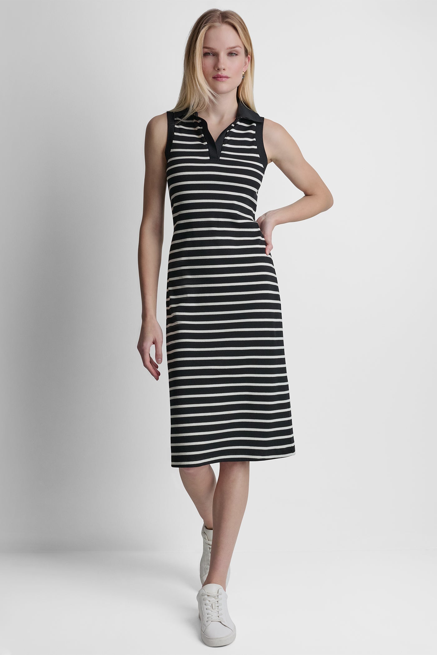 COTTON-BLEND SLEEVELESS MIDI SHIFT DRESS