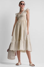 COTTON FLUTTER SLEEVE V-NECK MIDI FIT & FLARE DRESS
