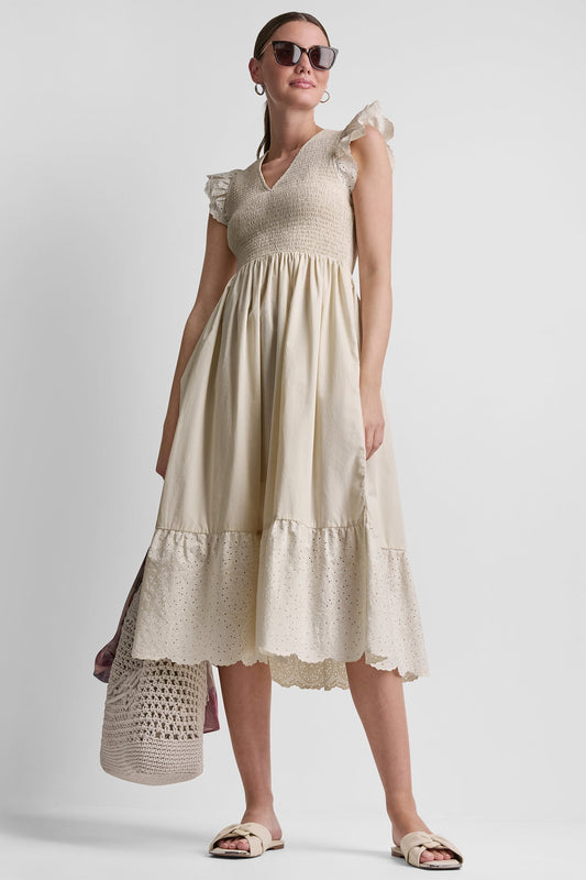 COTTON FLUTTER SLEEVE V-NECK MIDI FIT & FLARE DRESS