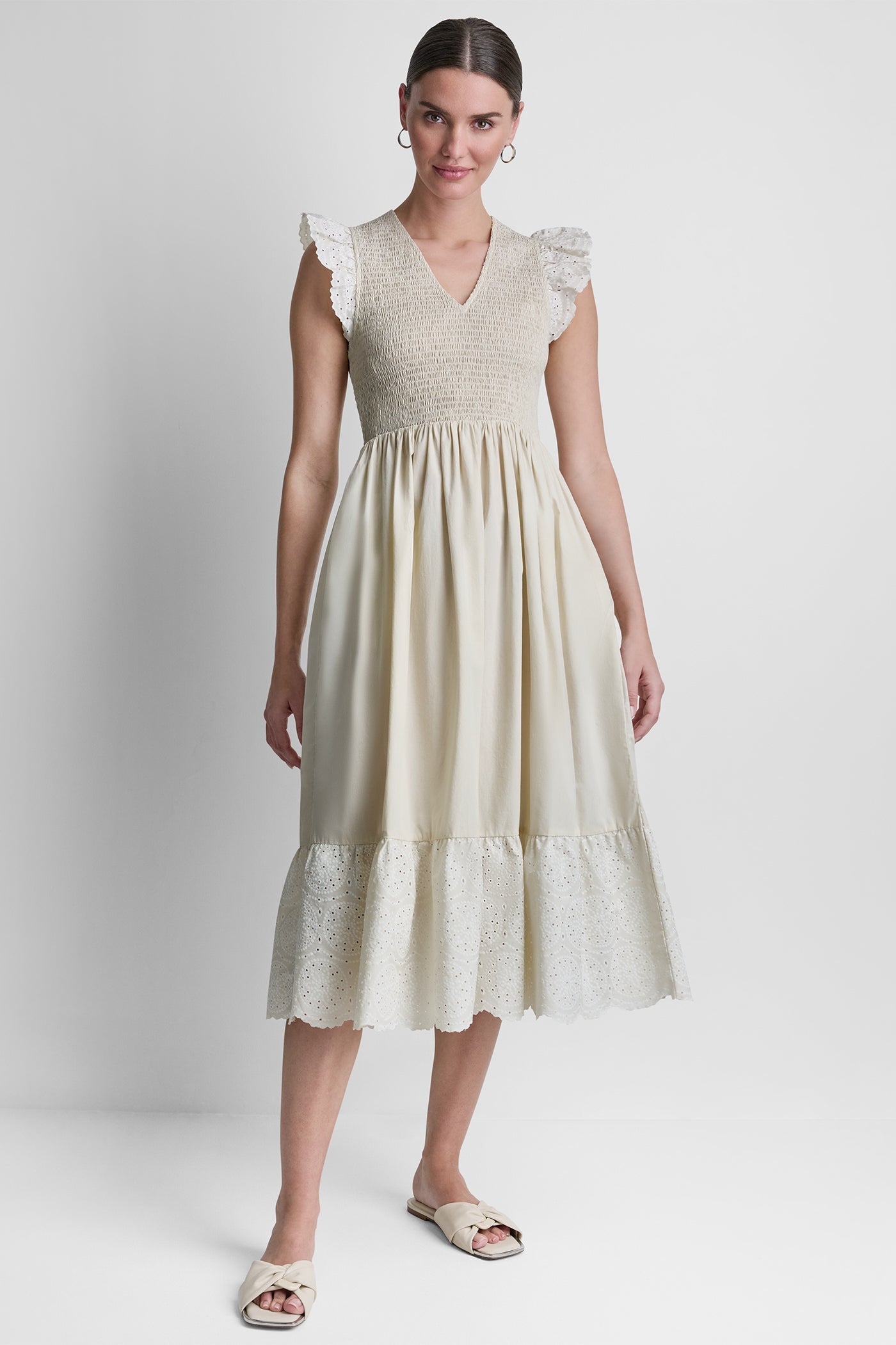 COTTON FLUTTER SLEEVE V-NECK MIDI FIT & FLARE DRESS