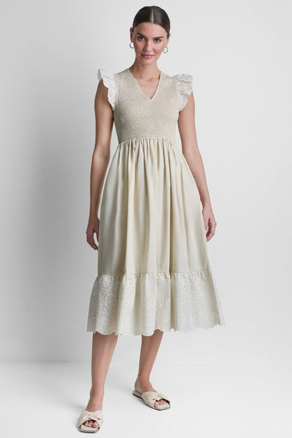 COTTON FLUTTER SLEEVE V-NECK MIDI FIT & FLARE DRESS
