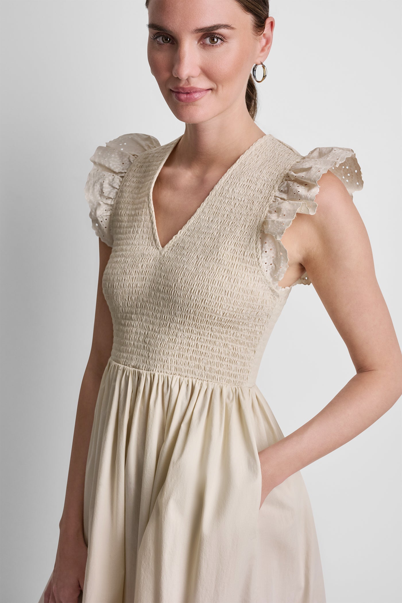 COTTON FLUTTER SLEEVE V-NECK MIDI FIT & FLARE DRESS