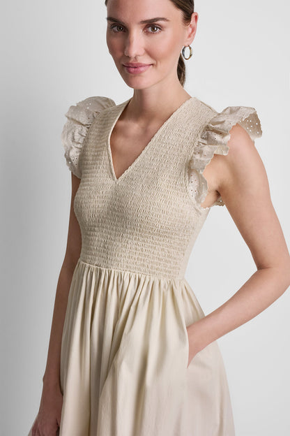 COTTON FLUTTER SLEEVE V-NECK MIDI FIT & FLARE DRESS