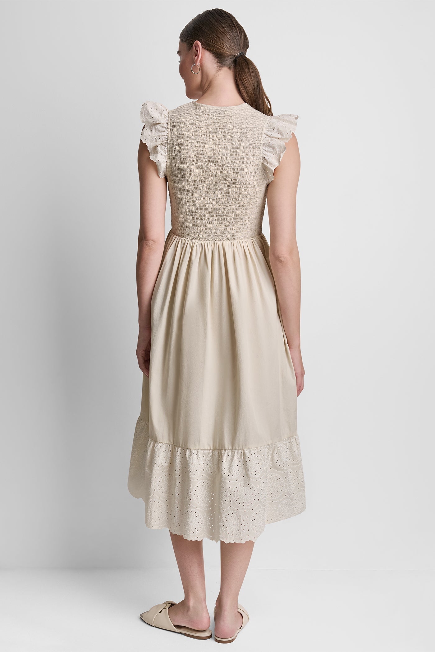 COTTON FLUTTER SLEEVE V-NECK MIDI FIT & FLARE DRESS