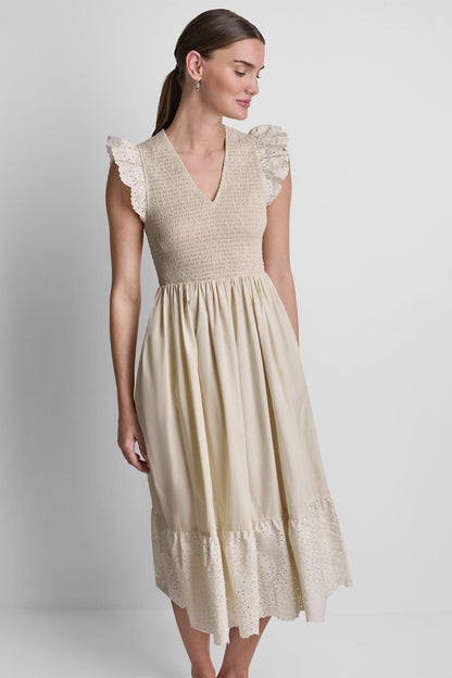 COTTON FLUTTER SLEEVE V-NECK MIDI FIT & FLARE DRESS