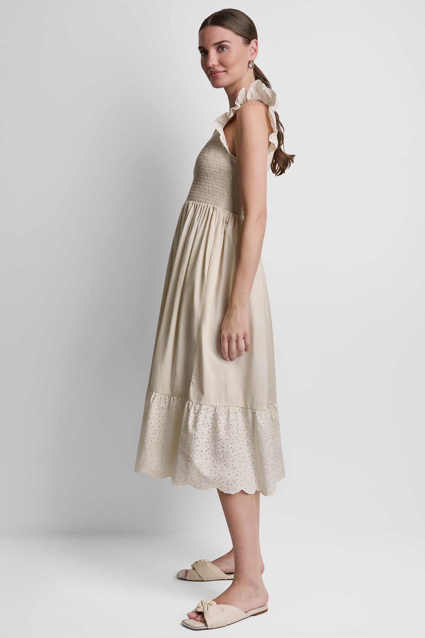 COTTON FLUTTER SLEEVE V-NECK MIDI FIT & FLARE DRESS