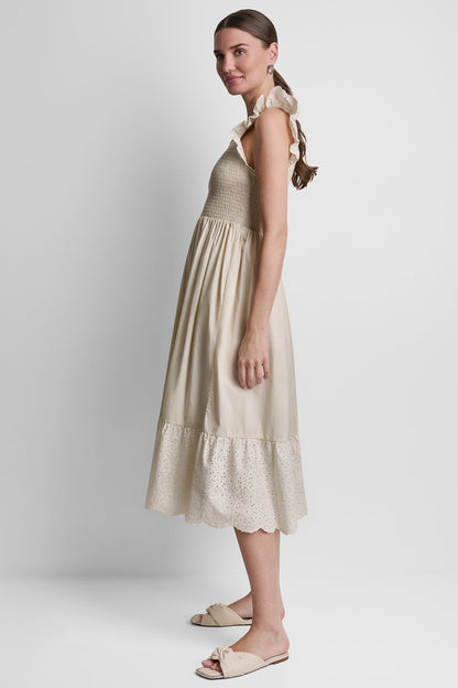 COTTON FLUTTER SLEEVE V-NECK MIDI FIT & FLARE DRESS