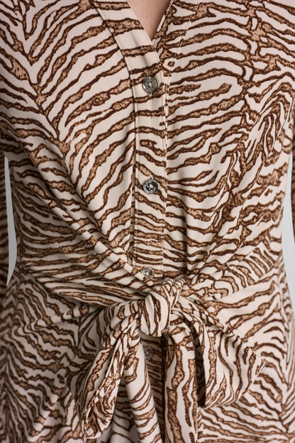 3/4 SLEEVE ZEBRA PRINT TIE-FRONT MIDI SHIRT DRESS