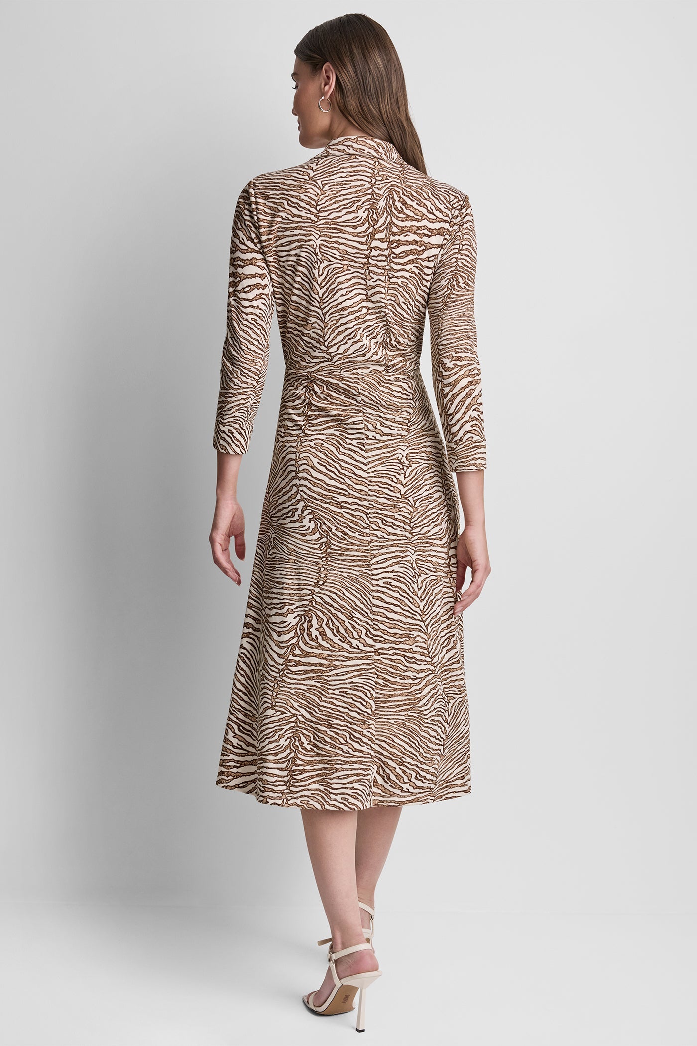 3/4 SLEEVE ZEBRA PRINT TIE-FRONT MIDI SHIRT DRESS