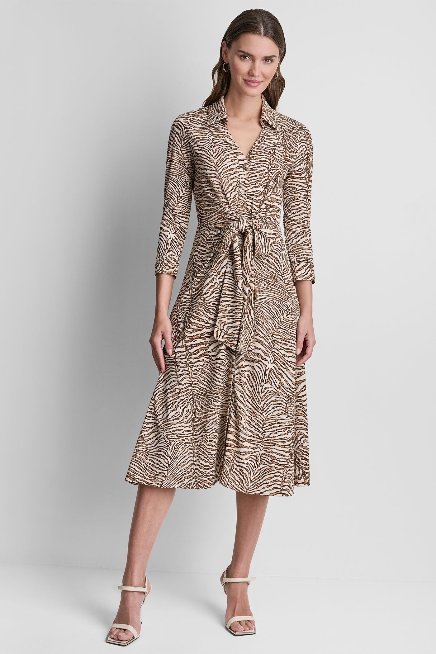 3/4 SLEEVE ZEBRA PRINT TIE-FRONT MIDI SHIRT DRESS