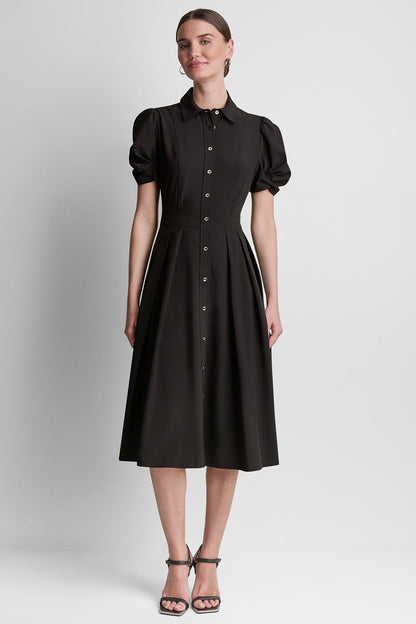 PUFF SLEEVE PLEATED MIDI SHIRT DRESS